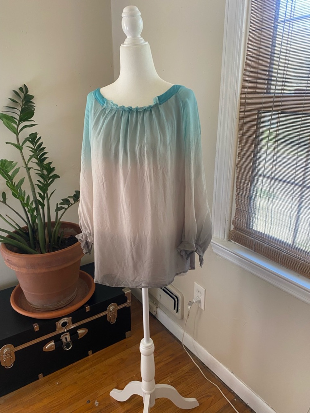 Jones New York Aqua-to-Gray Ombre Sheer Blouse